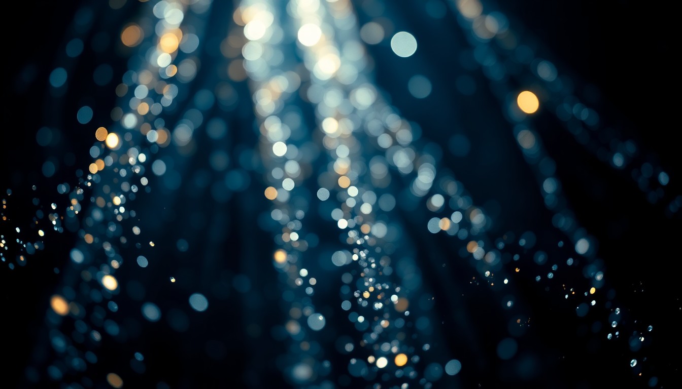 An abstract close-up image of sparkling, high-contrast film festival lights and textures, evoking the glamour and energy of the Sundance Film Festival's departure from Park City.