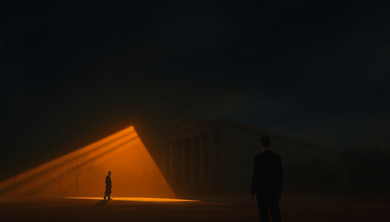 A serene, cinematic painting depicting a solitary government building or political figure in a warm, golden light, conveying a sense of contemplation and transition amidst the changing tides of international relations.