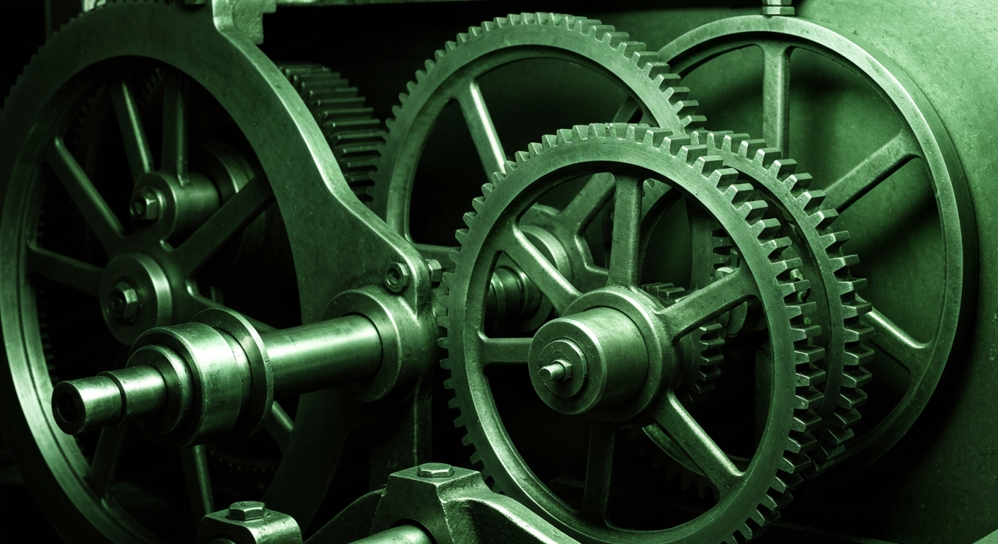An extreme close-up of the complex inner workings of a large banking vault, with gears, levers, and metal components dramatically lit to create a sense of industrial power and security.