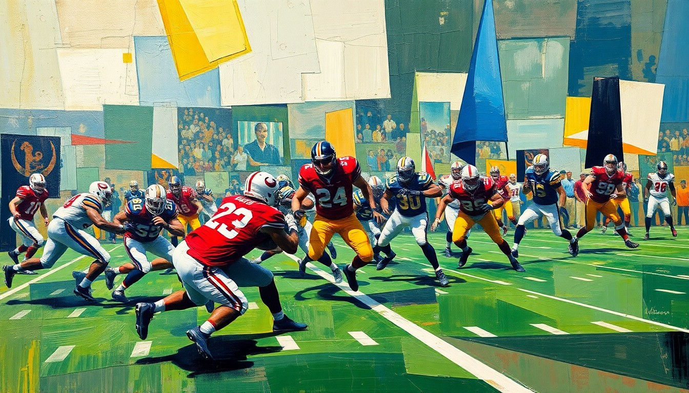A fragmented, geometric painting depicting a football player in motion, with sharp, overlapping planes of color and form conveying the raw power and movement of the sport.