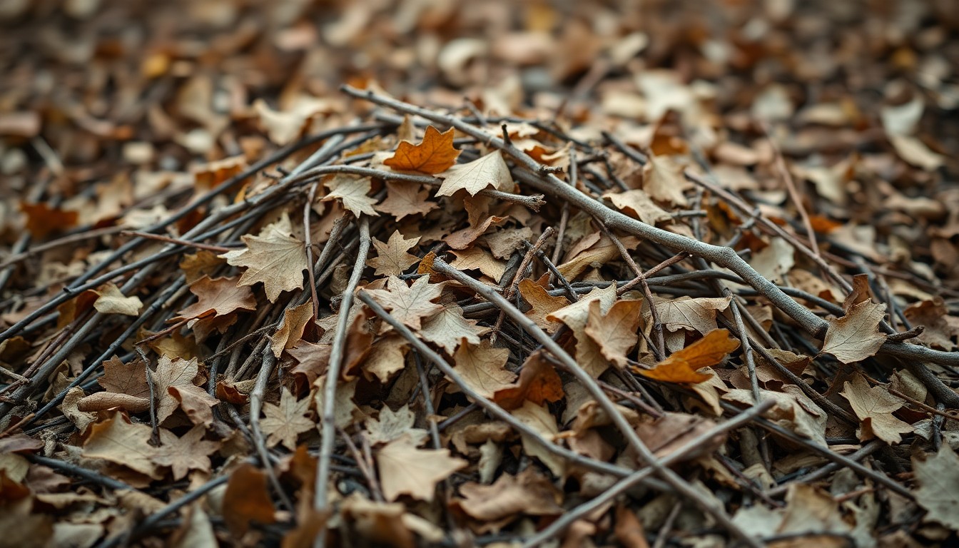 An extremely abstracted, out-of-focus photograph in warm hues of orange, yellow, and brown, depicting a pile of dried leaves and sticks, conceptually representing the yard waste cleanup process in Michigan.