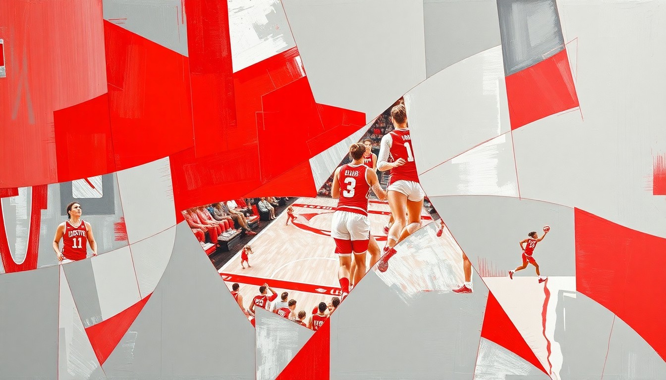 A cubist, geometric painting featuring overlapping planes of scarlet red and gray, conceptually representing the dynamic action of a women's basketball game.