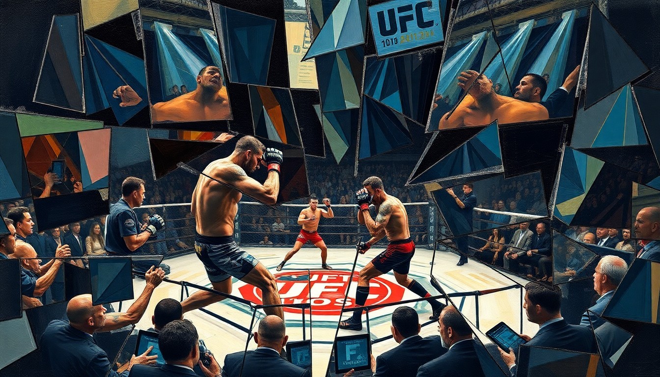 A fractured, multi-perspective painting in a cubist style, breaking down a UFC fight scene into sharp, overlapping geometric planes that capture the raw energy and technical movements of the fighters.