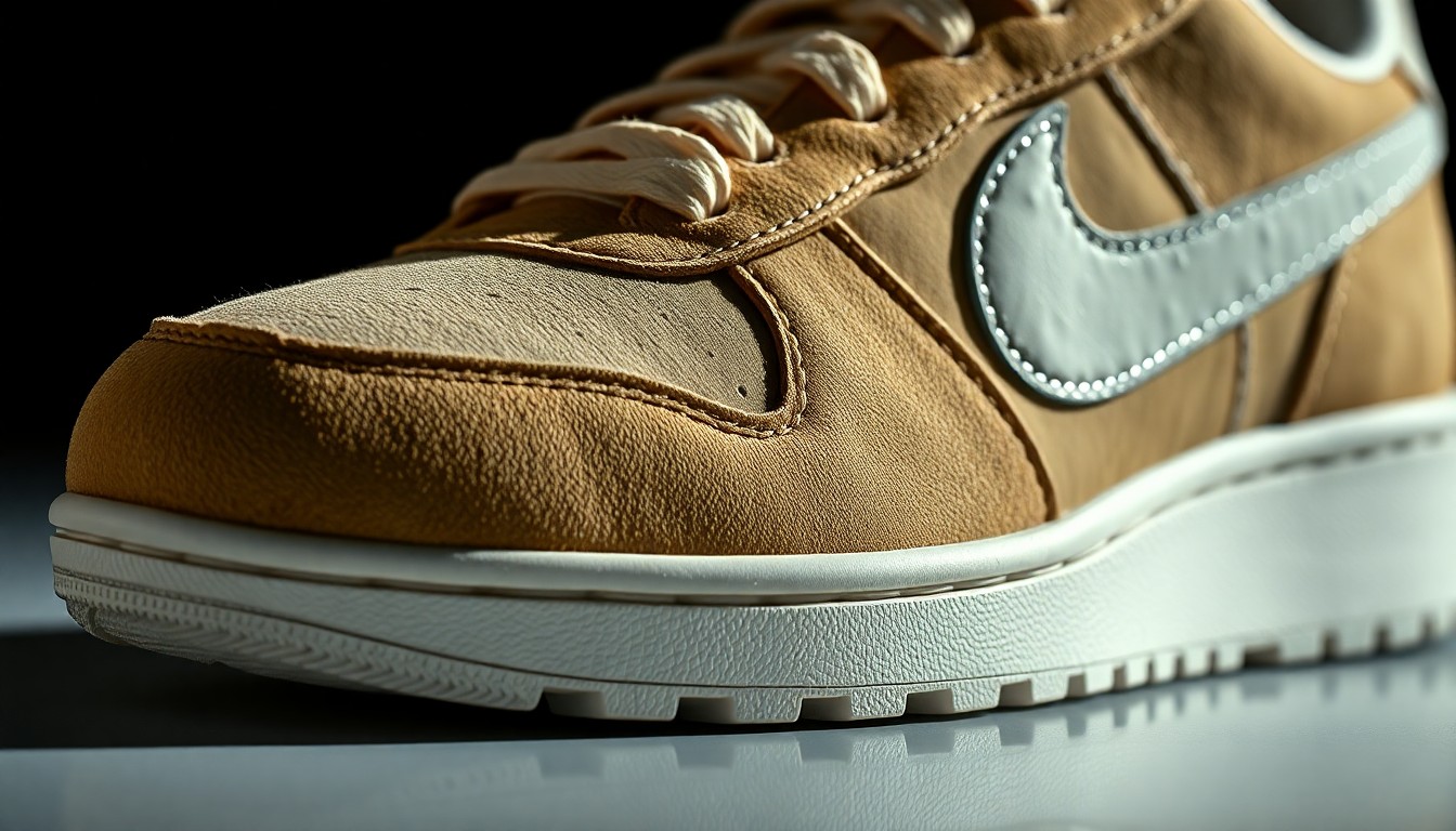 An abstract close-up image of the luxurious suede and jacquard floral texture of the Nike Astrograbber Light Cream sneaker, captured in dramatic, high-contrast studio lighting to create a glitzy, high-fashion aesthetic.