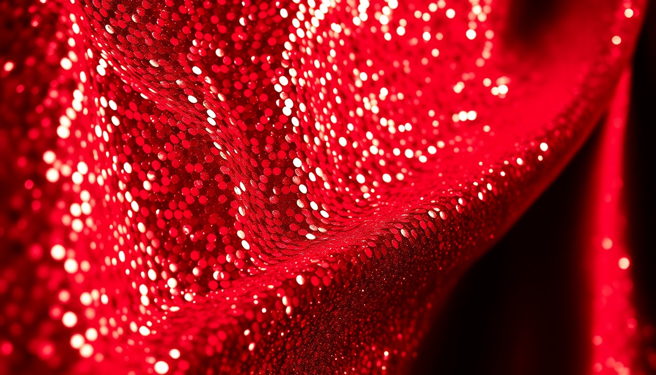 An extreme close-up of shimmering, glittering sequins and textured velvet, captured in dramatic, high-contrast studio lighting to create a glamorous, high-fashion aesthetic.