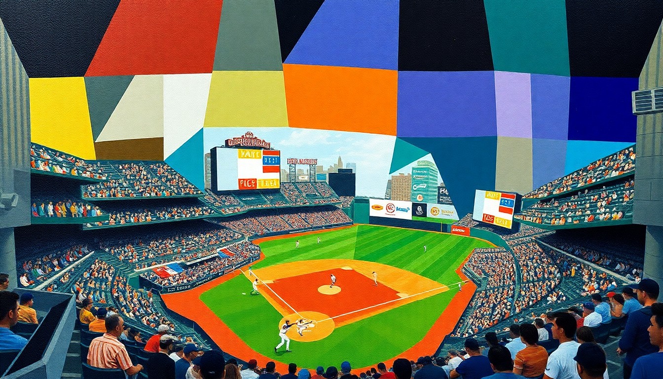 A vibrant, fractured painting in the cubist style, with sharp geometric planes of color and overlapping perspectives capturing the raw energy and community spirit of a Cleveland baseball home opener.