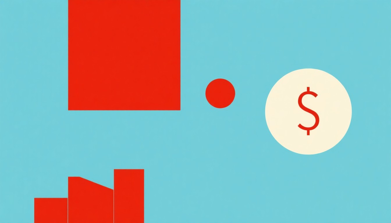 A geometric abstract illustration featuring bold shapes in shades of blue, red, and yellow, conceptually representing the uncertainty and volatility of the US economy as it teeters on the edge of a recession.