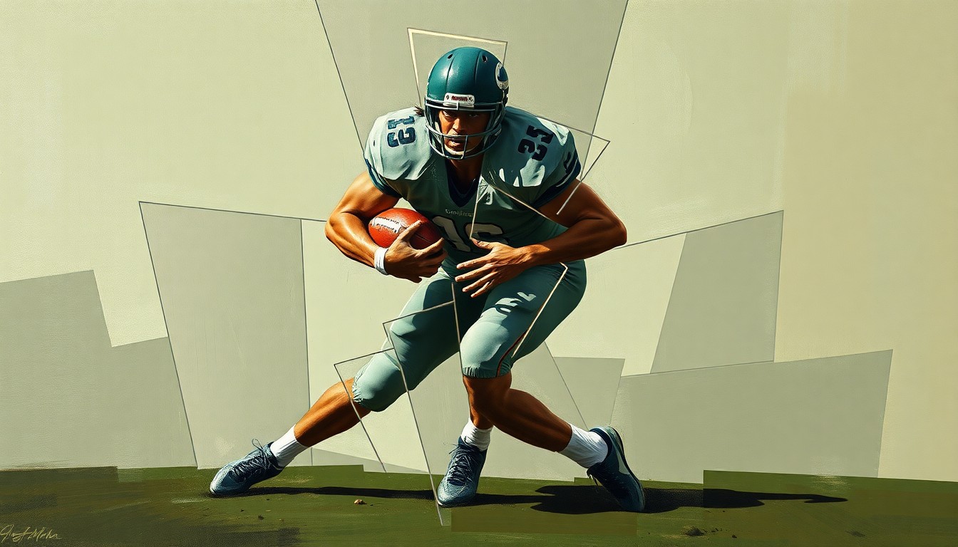 A fragmented, cubist-style painting depicting a college football player in the midst of a tackle, with sharp geometric planes in muted earth tones conveying the complex emotions and decisions surrounding a star player's transfer.
