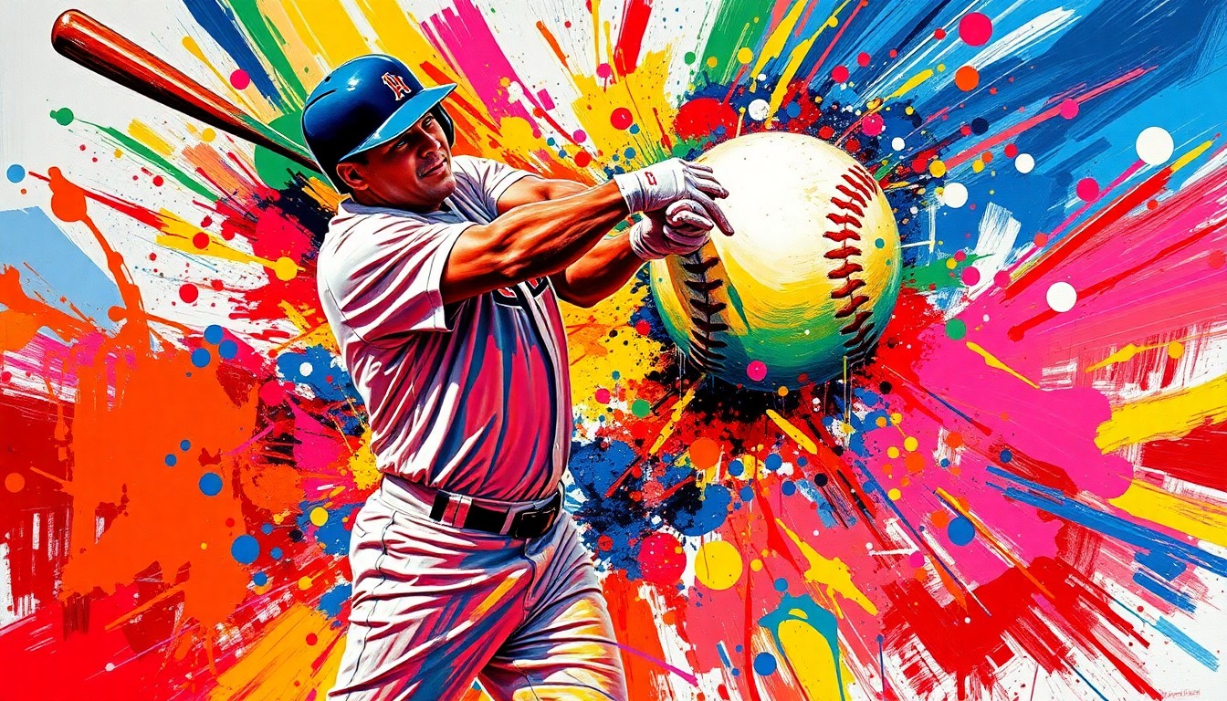 An abstract, energetic painting in neon colors depicting the powerful swing and impact of a baseball leaving the bat, conceptually representing the excitement and emotion of a walk-off home run.