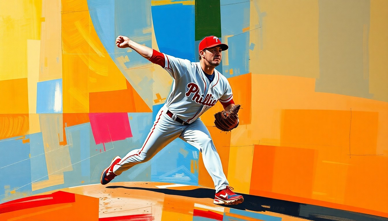A cubist, geometric painting depicting a Philadelphia Phillies relief pitcher in mid-motion on the mound, with the figure broken down into sharp, overlapping planes of color.