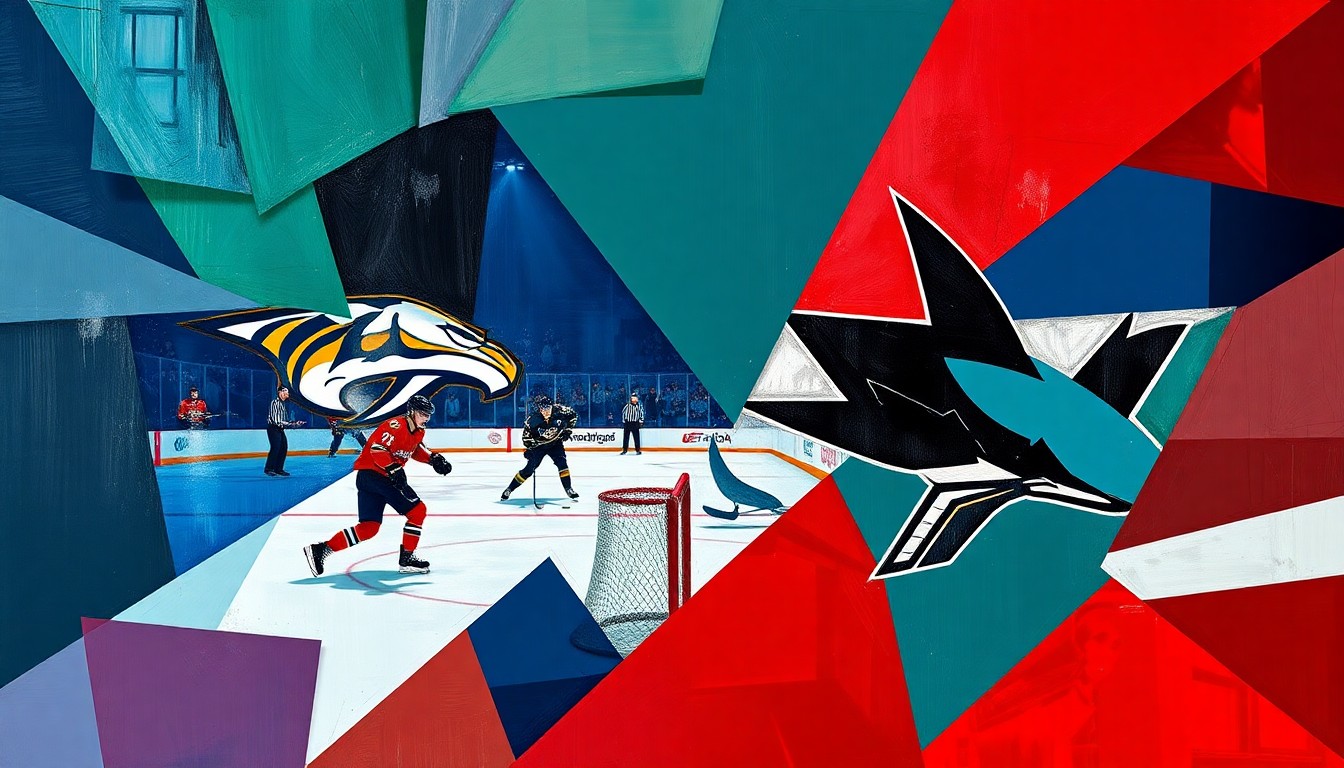 A fractured, cubist-style painting depicting a hockey game between the Nashville Predators and San Jose Sharks, with the players' movements and the puck's trajectory represented through angular, intersecting shapes in a vibrant color palette.