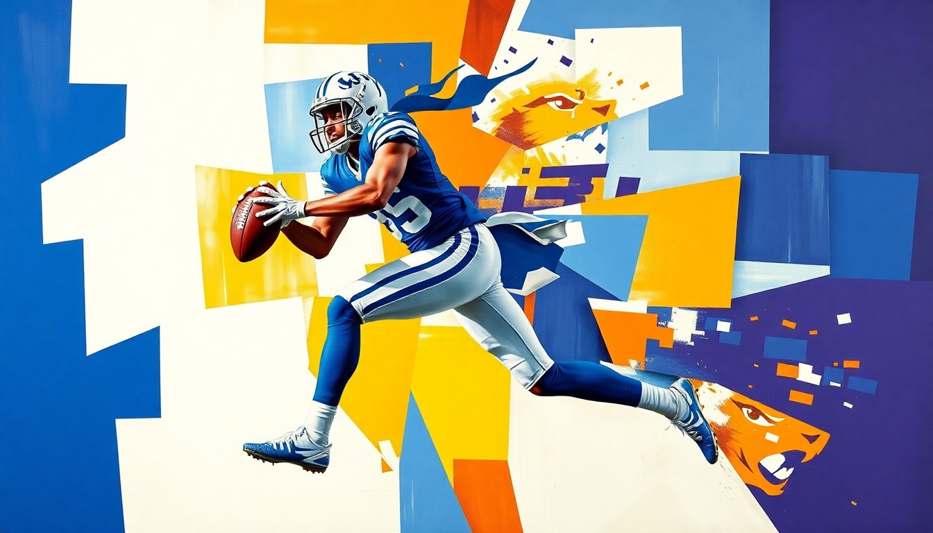A fragmented, geometric painting depicting a wide receiver in mid-air, their form broken down into sharp, overlapping planes of color in the style of Pablo Picasso.