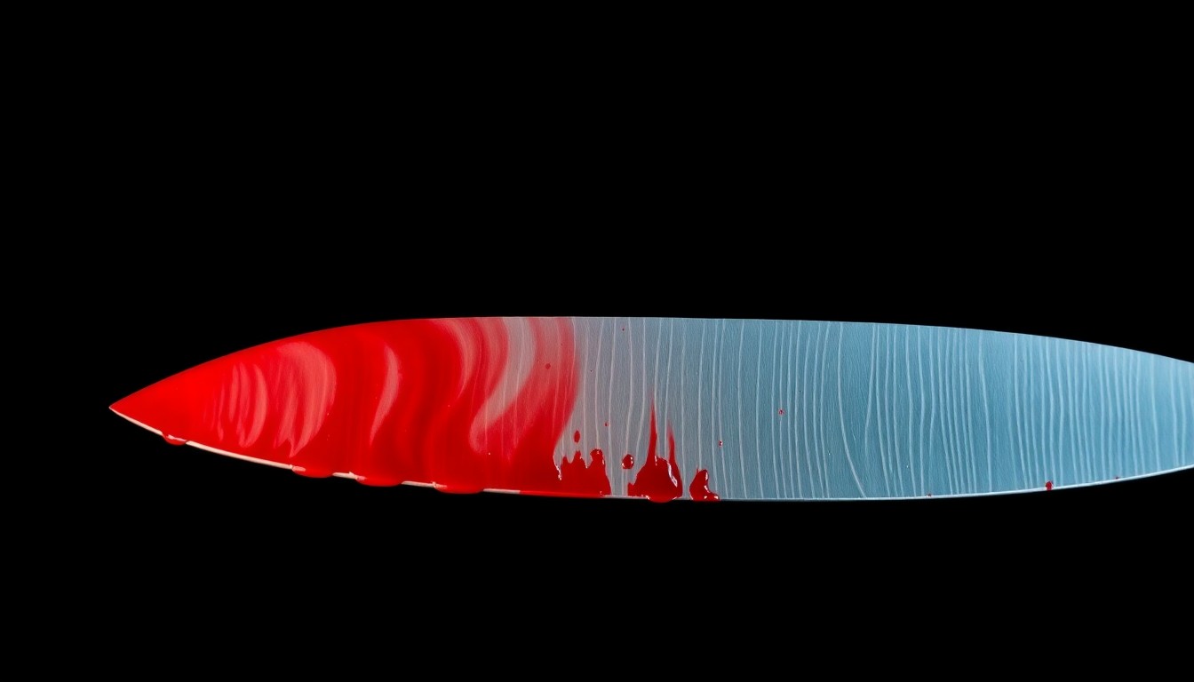 An extreme close-up of a bloodied knife blade reflecting a harsh, direct camera flash, conceptually illustrating the violence of a recent homicide incident in Wilmington.
