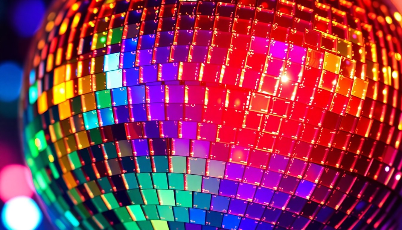 An abstract close-up photograph of a glittering disco ball reflecting a vibrant array of colors, conceptually representing the Queen's private morning dance routine.