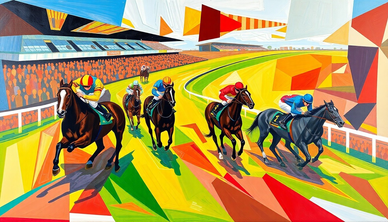 A cubist, geometric painting depicting a horse race at Aintree, with the horse and jockey forms broken down into sharp, overlapping planes of vibrant colors representing the racing silks and the track itself.