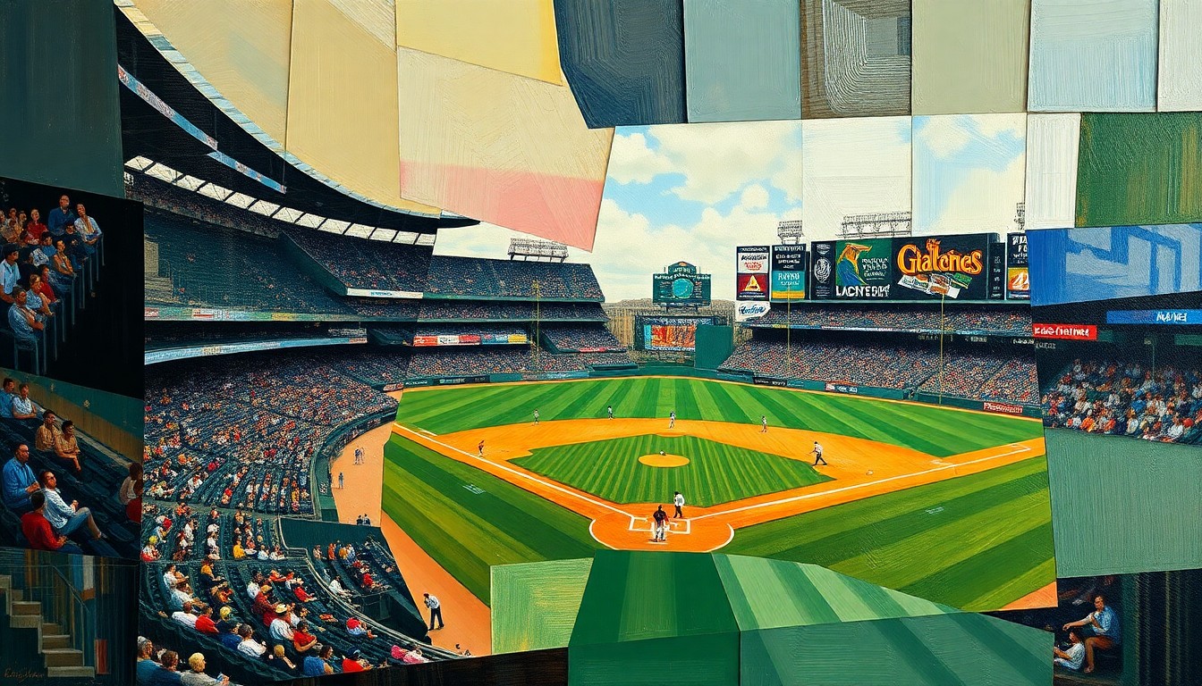 A fragmented, geometric painting depicting a baseball game or match, with sharp, overlapping planes of color and form, conveying the conceptual themes of the Reds' notebook stories.