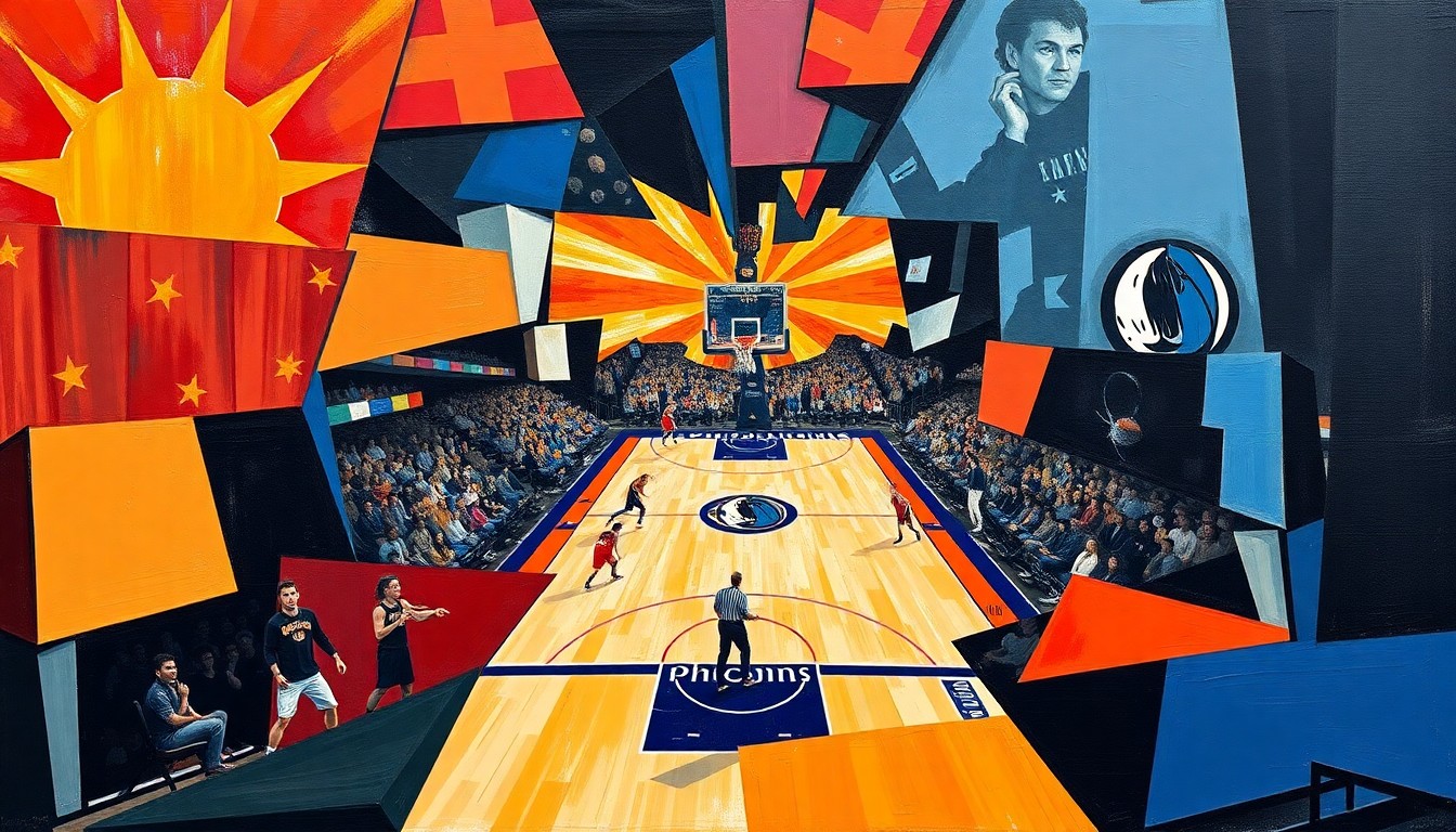 A cubist-style painting featuring overlapping geometric shapes and planes in vibrant colors, representing the dynamic action and shifting fortunes of a basketball game between the Phoenix Suns and Dallas Mavericks.