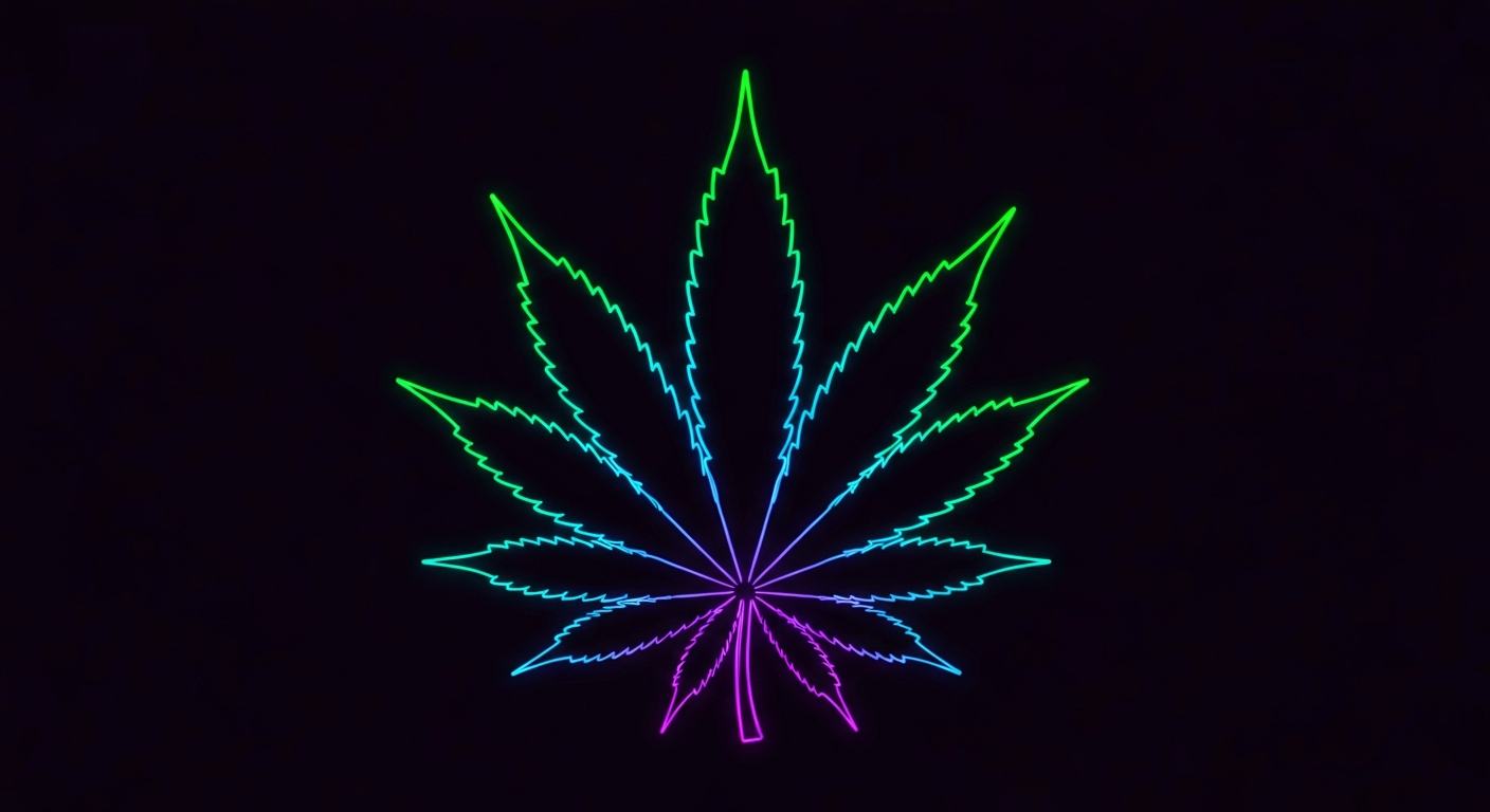 A minimalist, neon-outlined illustration of a medical cannabis leaf, its shape defined by glowing, electric lines against a dark background, conceptually representing the new availability of medical cannabis in Alabama.