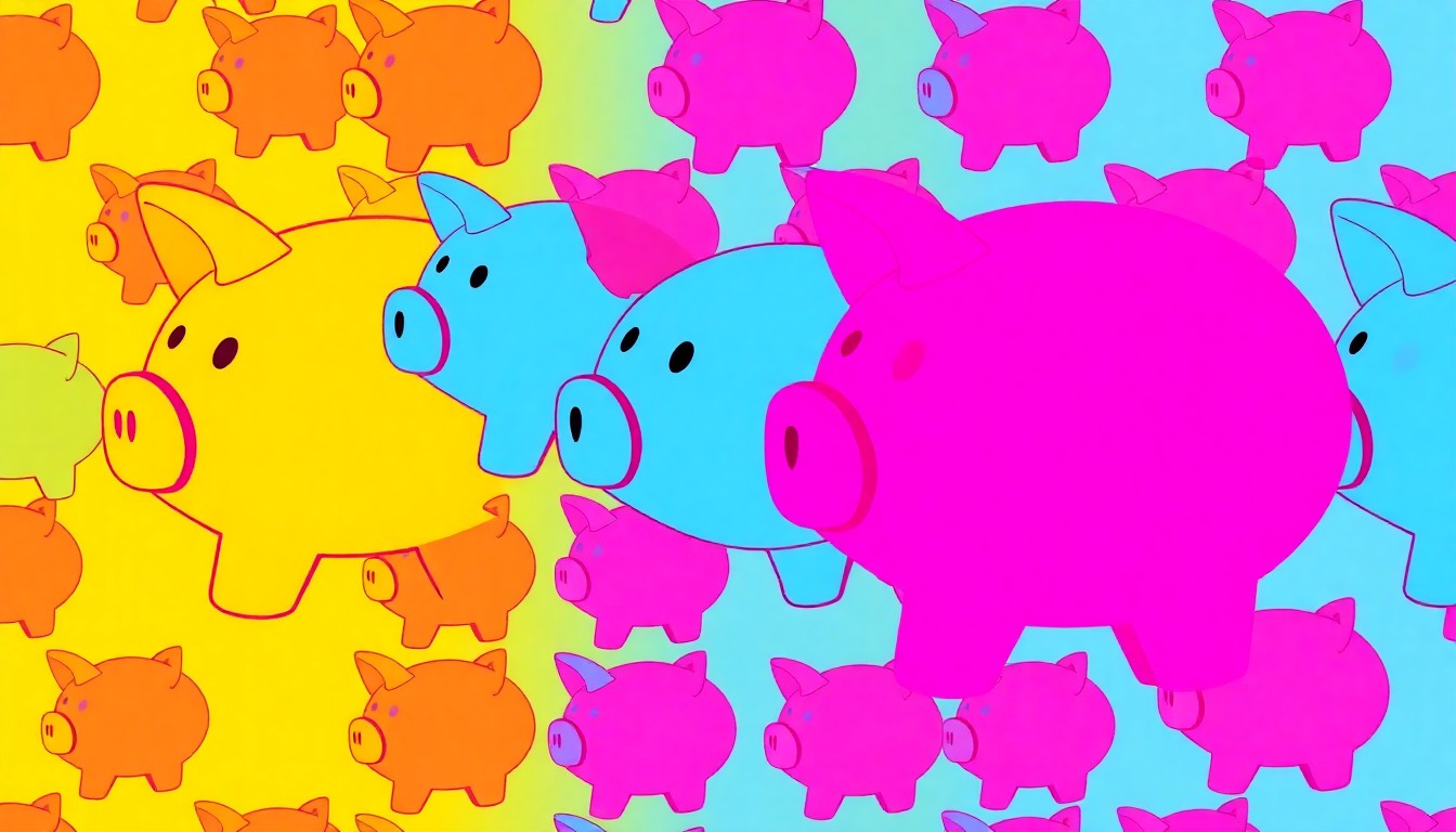 A brightly colored, high-contrast silkscreen print of a piggy bank or retirement savings account icon repeated in a tight grid pattern, using flat, unnatural neon colors and heavy black outlines to transform the everyday concept of a public pension into a modern pop art piece.