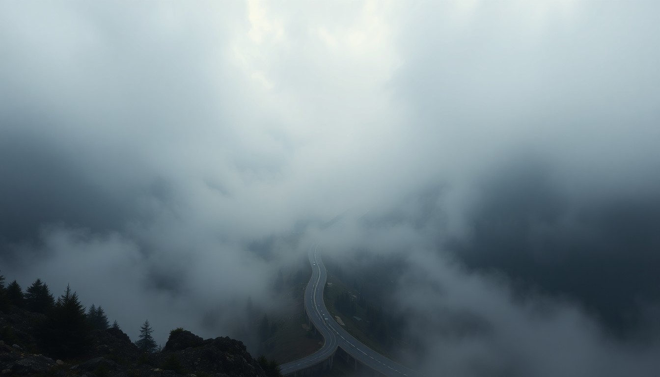 A sweeping, atmospheric landscape painting in muted tones of grey, blue, and green, depicting a winding highway cutting through a misty, fog-shrouded scene. The highway is partially obscured, dwarfed by the overwhelming scale of the natural environment.