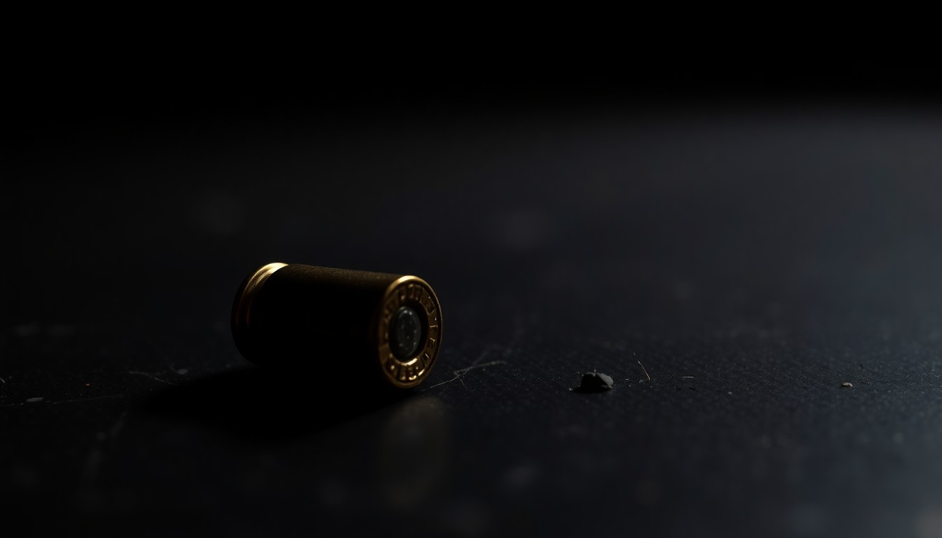 An extreme close-up photograph of a single spent bullet casing on a dark surface, lit by a harsh, direct camera flash, conceptually representing the tragic aftermath of a domestic violence incident.