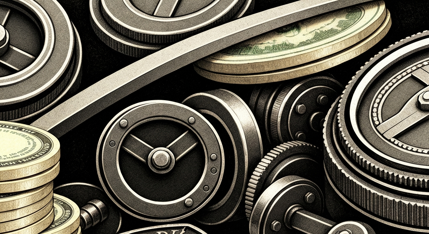 An extreme close-up of gears, levers, and other industrial machinery in muted tones, conceptually representing the complex financial mechanics and institutional forces impacting Jackson Financial.