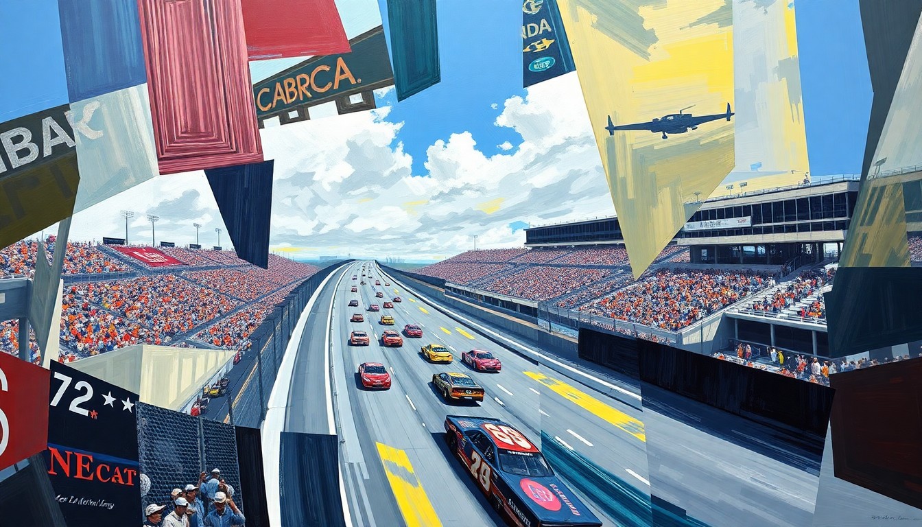 A fragmented, abstract painting depicting a NASCAR race at Bristol Motor Speedway, with the cars and track broken down into sharp, angular geometric shapes and planes of color.