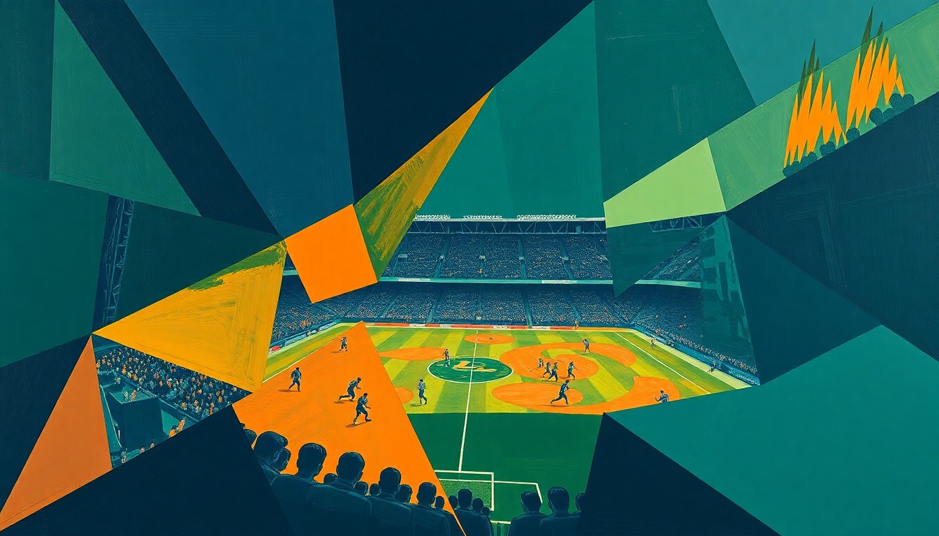 A cubist, geometric painting depicting a fragmented football game, with sharp planes of navy, green, and orange overlapping to create a dynamic, abstract scene.