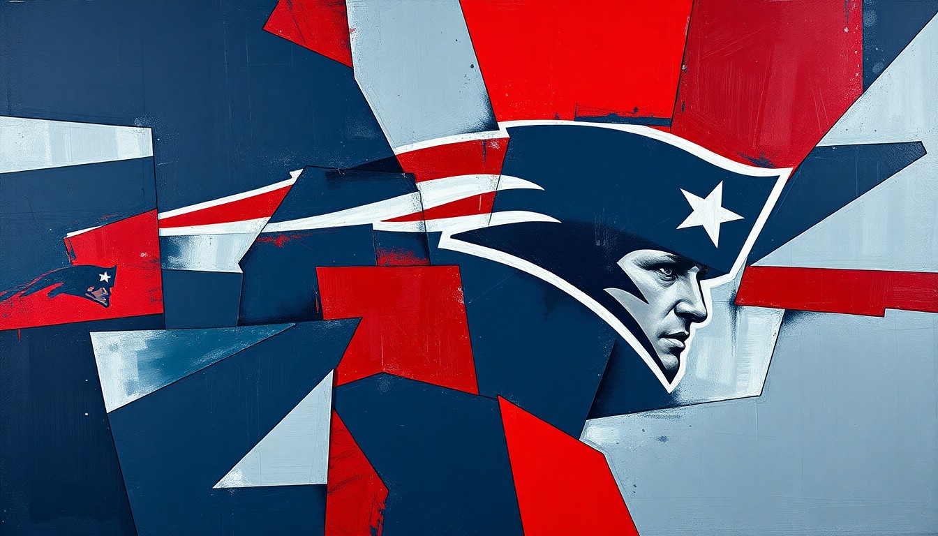 A cubist, geometric painting depicting fragmented, overlapping shapes and planes in navy blue, red, and silver, representing the Patriots' strategic approach to the NFL Draft.