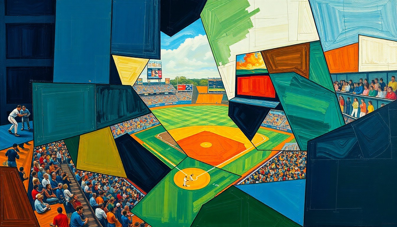 A cubist-style painting featuring overlapping geometric shapes and planes in navy blue, forest green, and burnt orange, capturing the dynamic motion and energy of a baseball game or match.