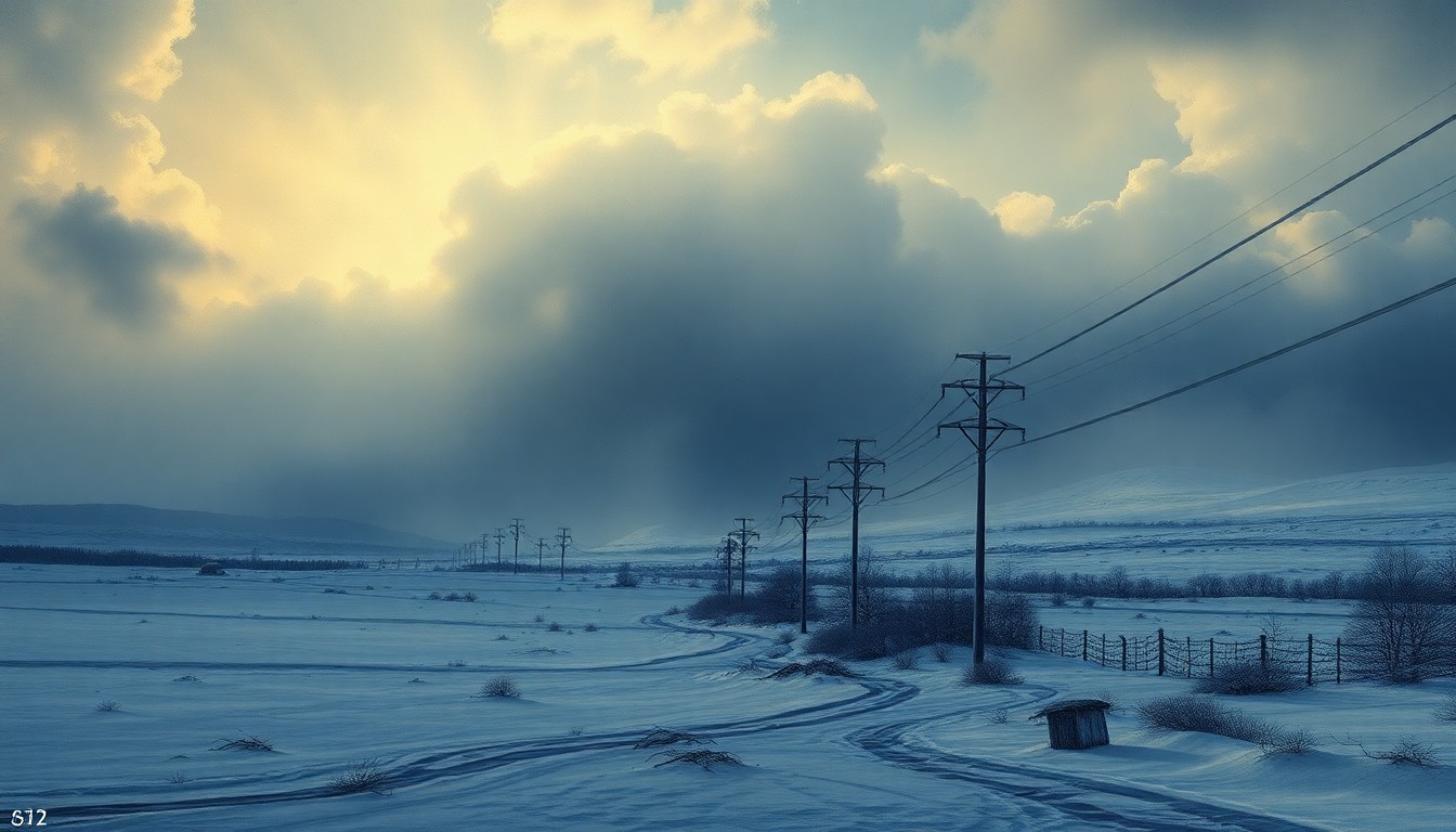 A vast, frozen landscape painting in muted tones of blue and grey, with a dramatic, atmospheric perspective that dwarfs any visible power lines or structures, conveying the overwhelming power of an ice storm.