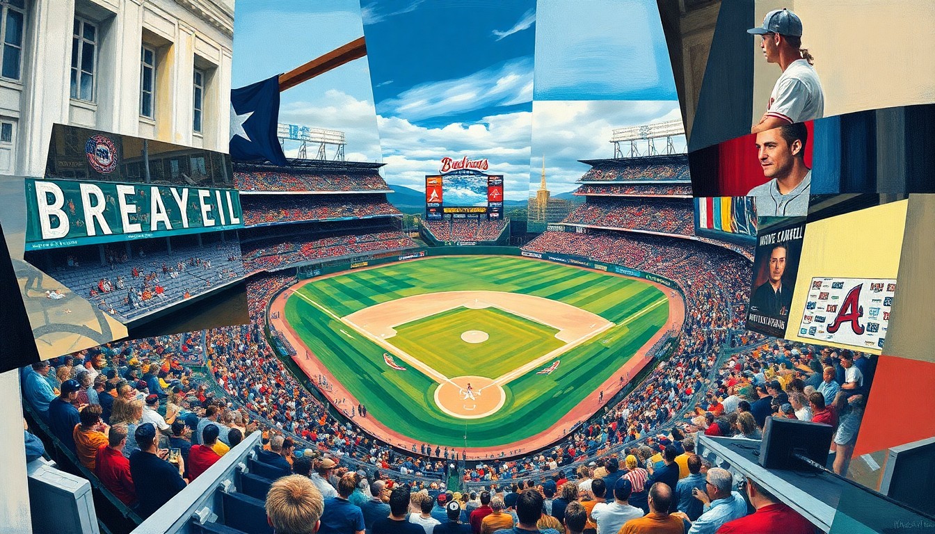 A cubist, fragmented painting depicting a Braves baseball game, with players and the field broken down into sharp, overlapping geometric shapes and planes, conveying the complex challenges the team faces this season.