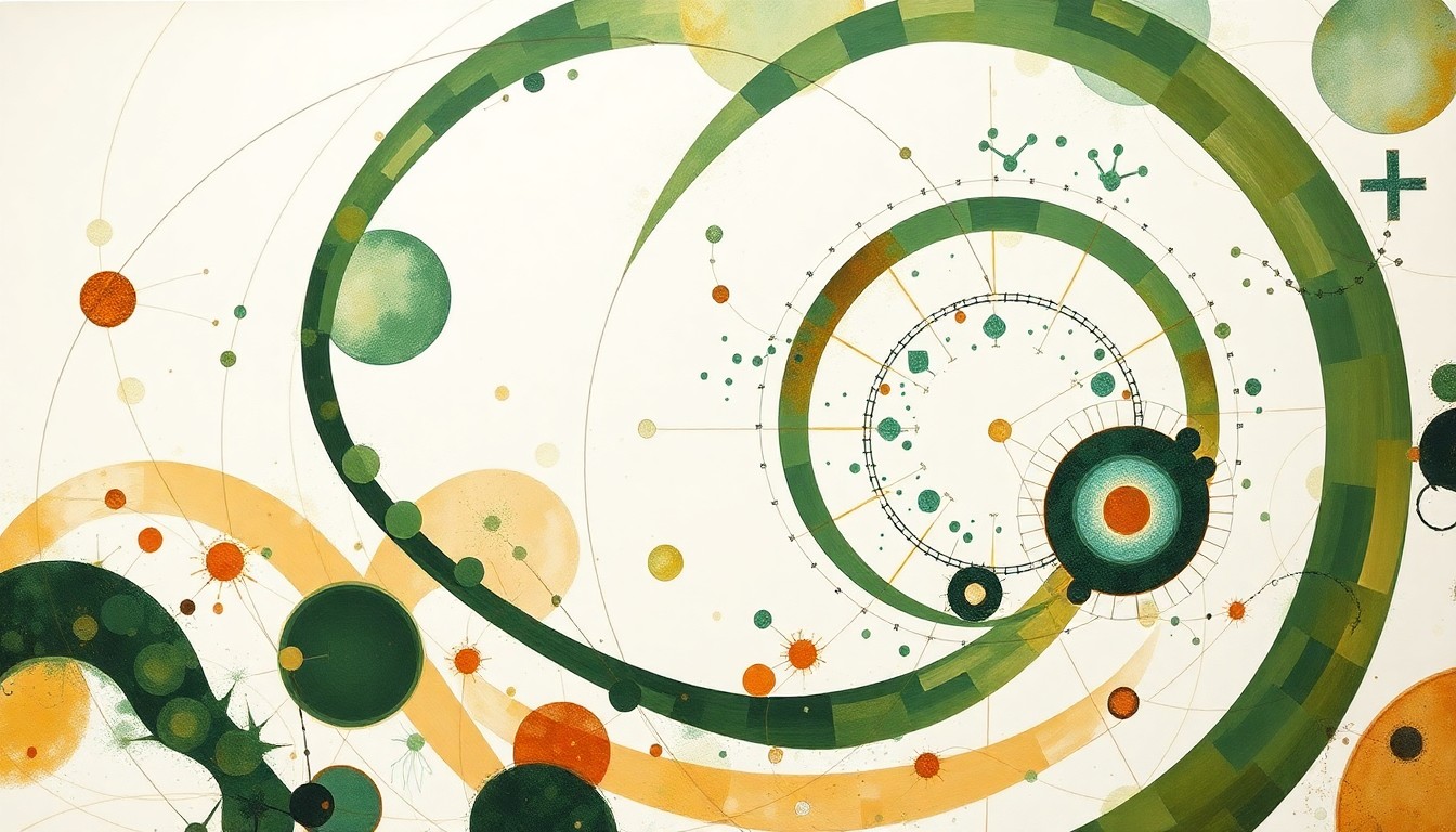 An abstract, highly structured painting featuring sweeping geometric arcs, concentric circles, and precise botanical spirals in earthy tones of green, brown, and blue, conceptually representing the complex chemical forces and molecular structures involved in the impact of airborne hazards on lung cells.
