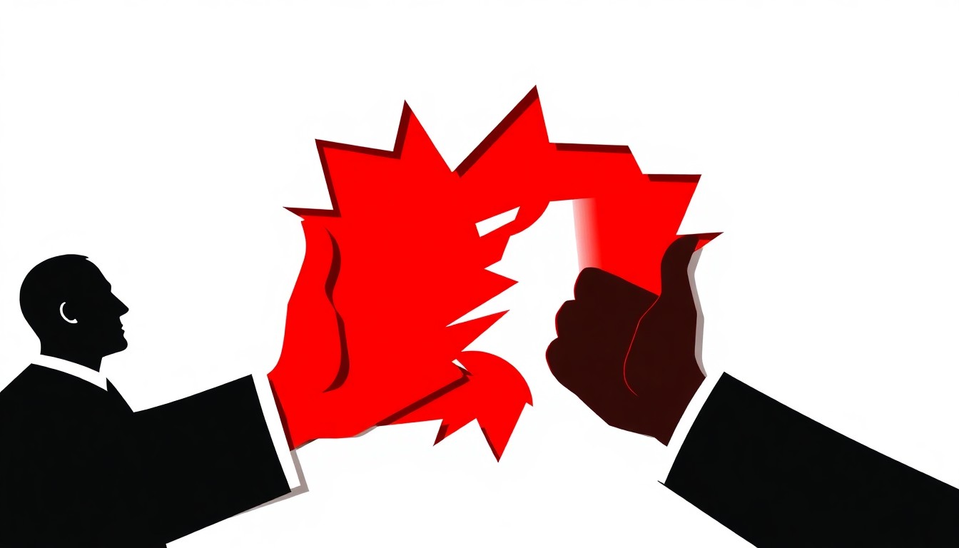 An abstract, minimalist illustration featuring stark, jagged geometric shapes in red and white, conceptually representing the tension between corporate power and consumer interests in the entertainment industry.