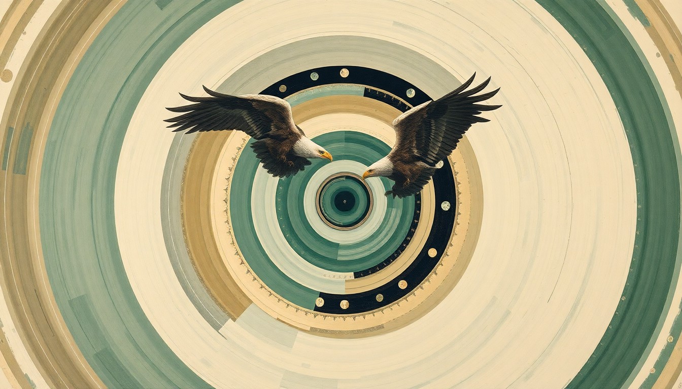 A bold, abstract painting in earthy tones of green, brown, and blue, featuring sweeping geometric arcs, concentric circles, and precise botanical spirals, conceptually representing the complex natural forces and predator-prey dynamics that impact bald eagles.