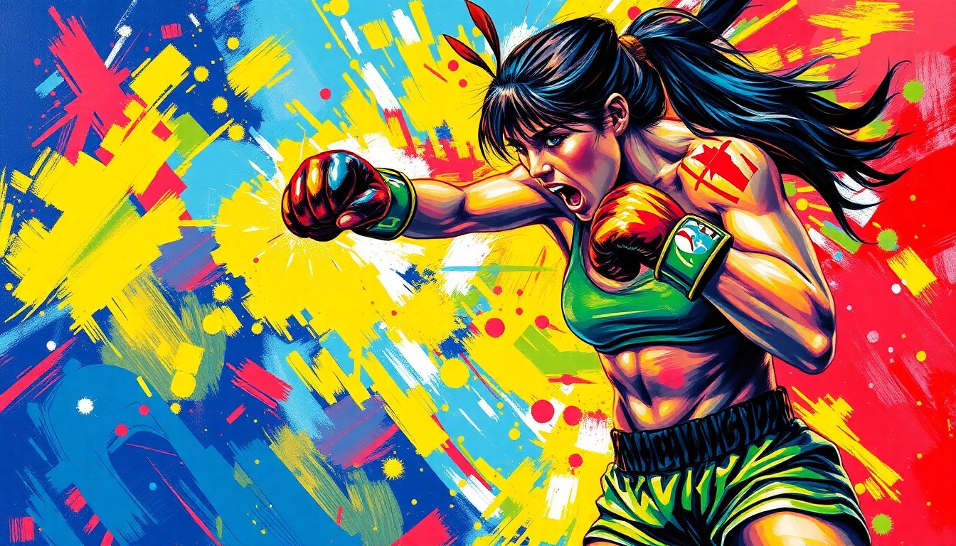 An abstract, expressionist painting in neon colors depicting the powerful, explosive movements of a female MMA fighter delivering a devastating knockout strike, capturing the raw energy and athleticism of the sport.