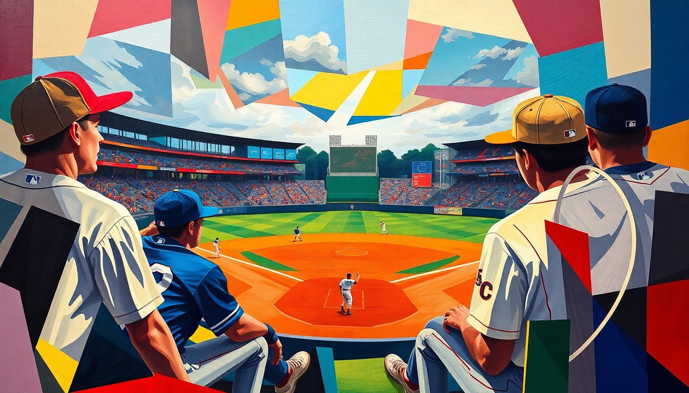 A fragmented, geometric painting depicting the dynamic action of a college baseball game, with sharp planes of color representing the competing teams.