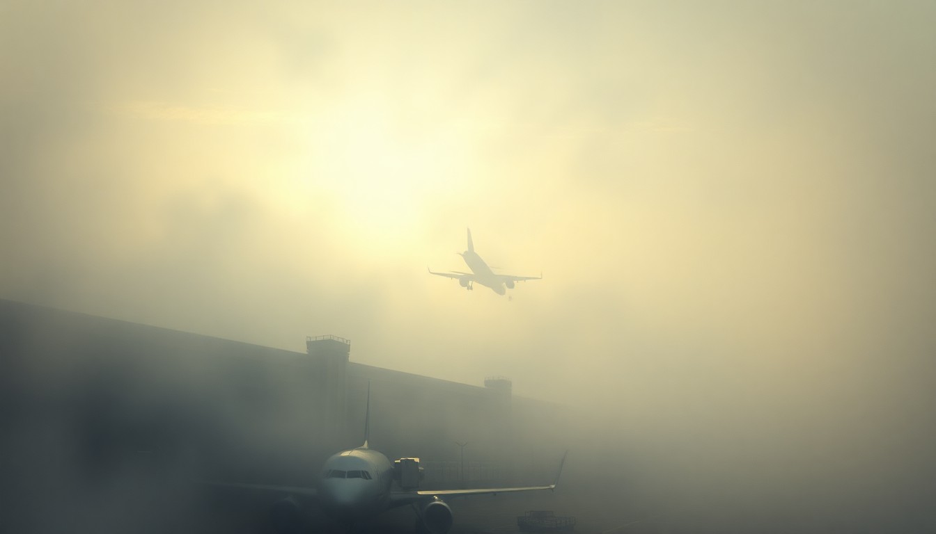 A sweeping, atmospheric landscape painting in muted tones of gray and blue, with the faint outline of an airport terminal and aircraft obscured by a thick, hazy fog, conveying the sense of scale and the disruption caused by severe weather conditions.
