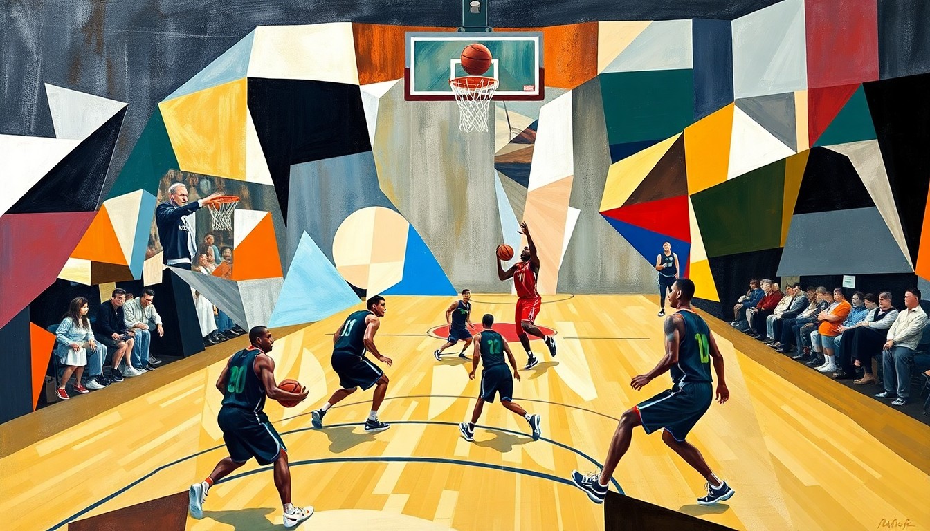 A cubist-inspired painting featuring fragmented, overlapping geometric shapes and planes of color that abstractly represent the energy and motion of a basketball game.