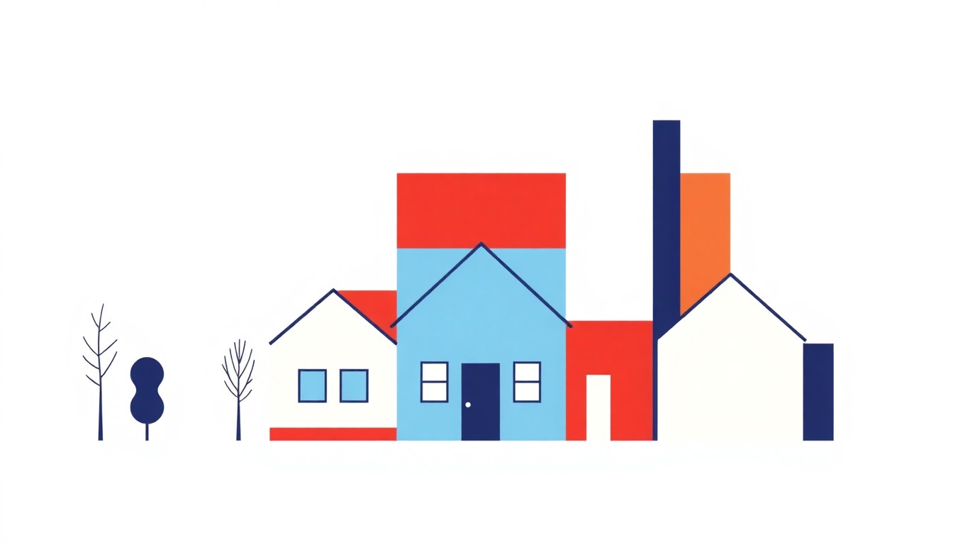 A vibrant, abstract composition of overlapping triangles and circles in shades of blue, red, and yellow, conceptually representing the equitable distribution of subsidized energy to British households.