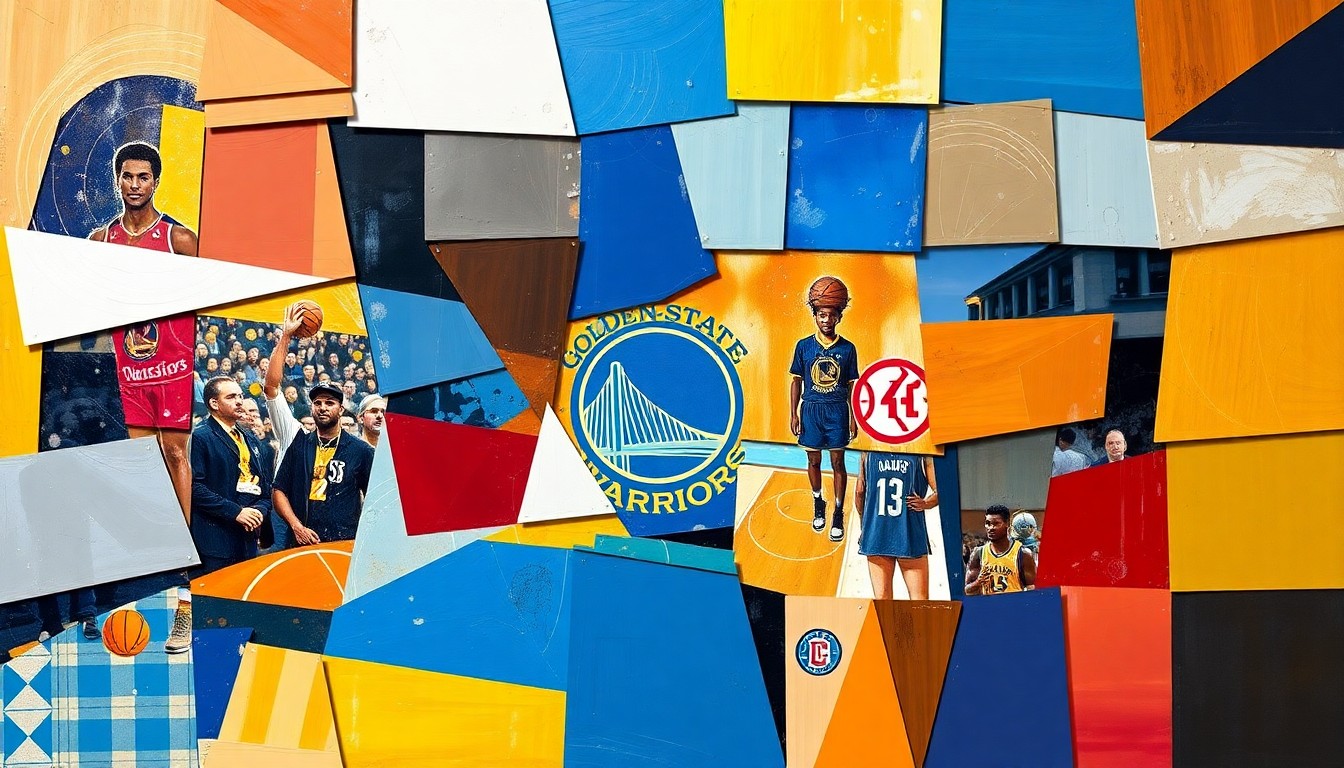 A fractured, geometric painting in shades of blue, gold, and red, breaking down a basketball court and players into sharp, overlapping planes, conveying the Warriors' lack of continuity and rhythm heading into the postseason.
