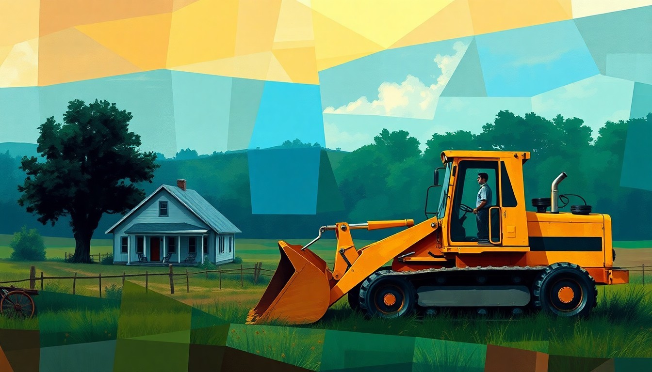 A vibrant, abstract painting featuring overlapping, fractured shapes and geometric patterns in shades of green, blue, and orange, conceptually representing the tension between development and preservation in Sarasota County.