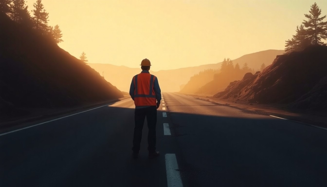 A realistic oil painting depicting a lone construction worker in an orange vest standing in front of a partially repaired road, the scene bathed in warm, dramatic lighting and deep shadows, conveying a sense of quiet civic purpose.