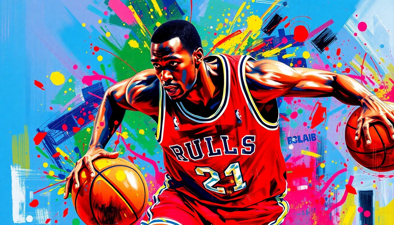 An abstract, energetic painting featuring a basketball player in motion, with vibrant neon colors and expressive brushstrokes conveying the determination and resilience of an athlete facing a new chapter in their career.