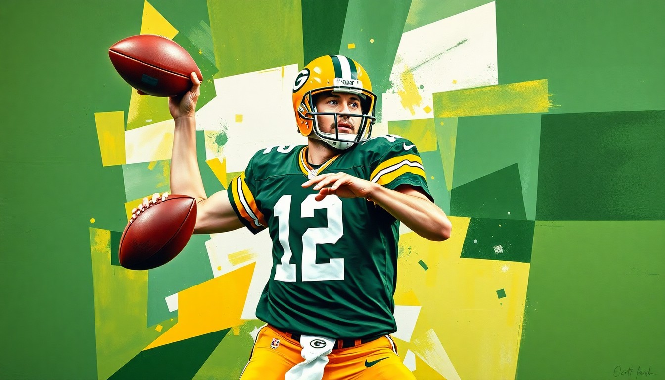 A cubist-style painting depicting a football quarterback's throwing motion broken down into sharp, overlapping geometric shapes in shades of green and gold, representing the Green Bay Packers.