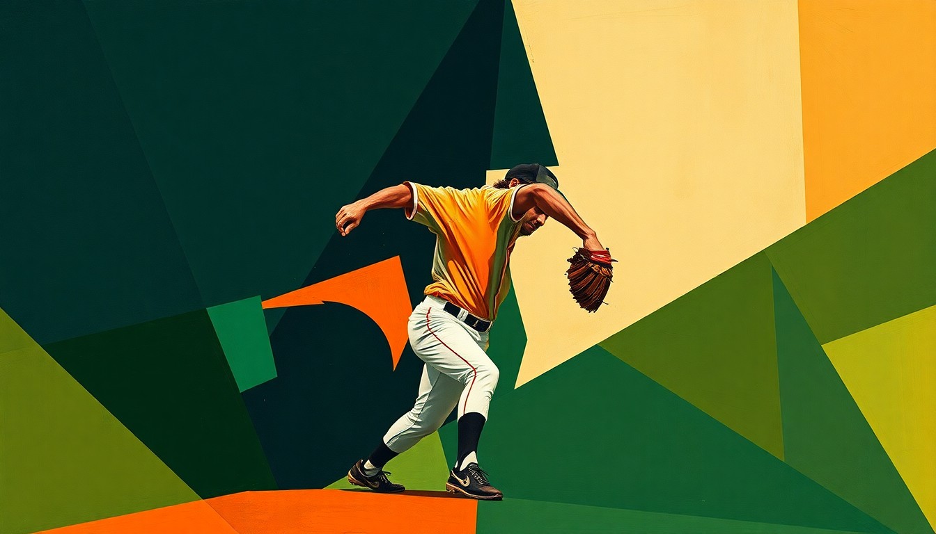 A fractured, geometric painting depicting a baseball pitcher's windup and delivery broken down into sharp, overlapping planes of navy, green, and orange, conveying the dynamic motion and energy of the sport.