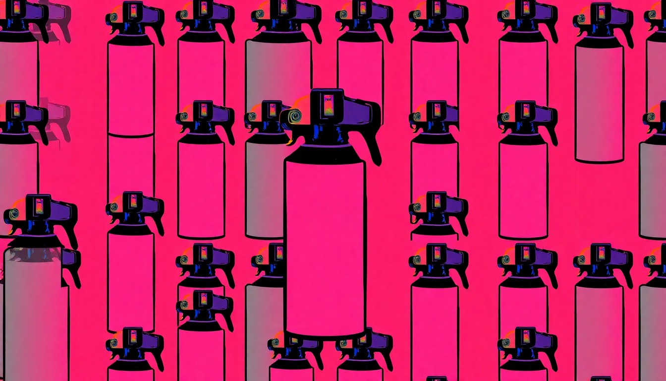 A bold, abstract grid of brightly colored bear spray canisters in neon shades of red, blue, and yellow, conceptually representing the versatility and importance of this outdoor safety product.
