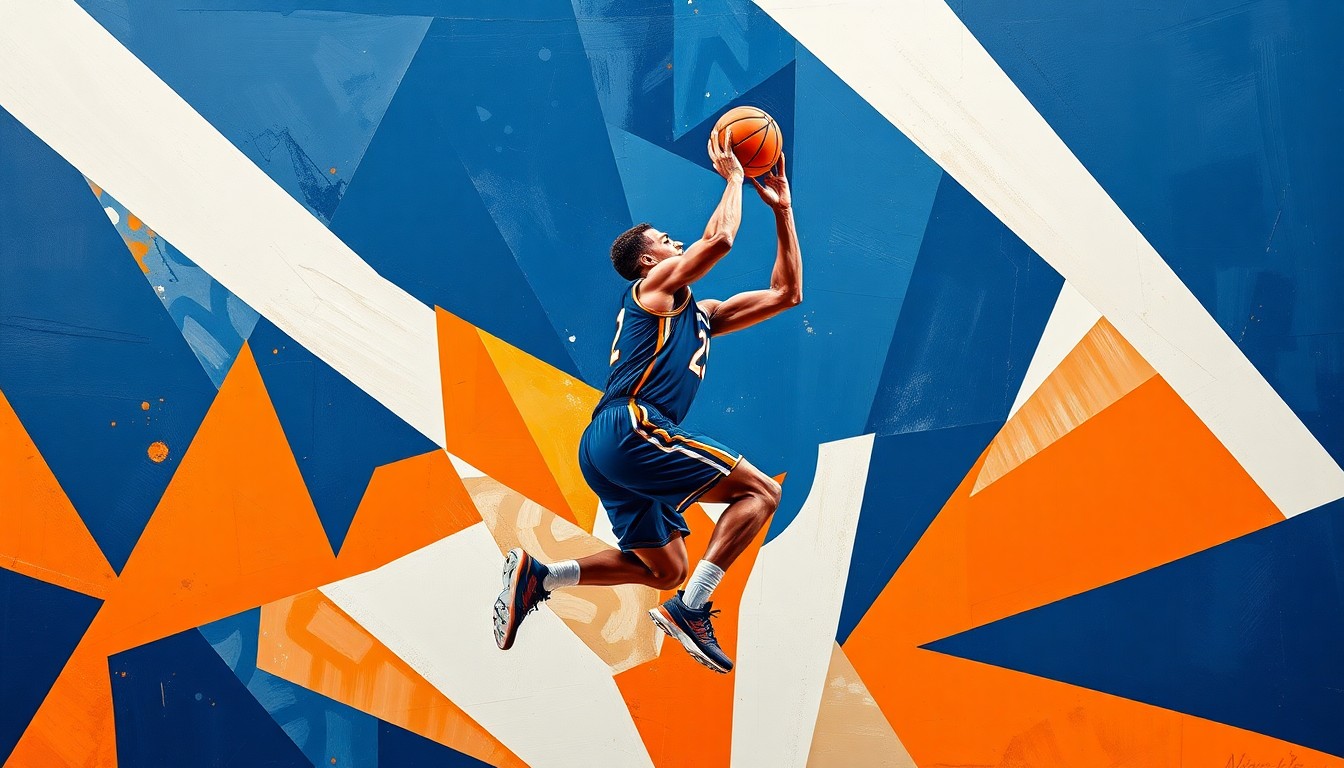 A fragmented, cubist-style painting depicting the silhouette of a basketball player in motion, broken down into sharp, overlapping geometric shapes in shades of navy blue, orange, and white.