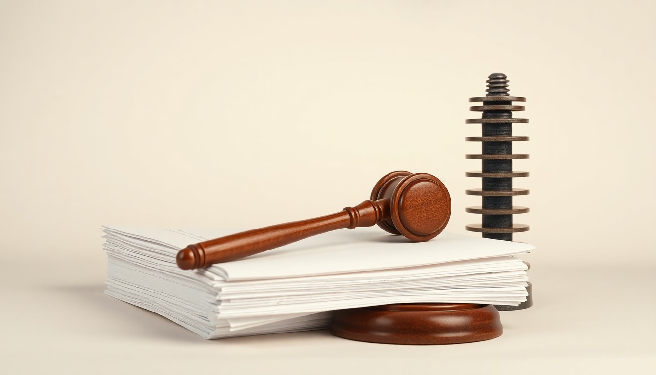 A photorealistic studio still life featuring a stack of legal documents, a gavel, and a power line insulator against a clean, monochromatic background, conceptually representing the abstract corporate strategy and legal challenges utilities face in managing wildfire risks.