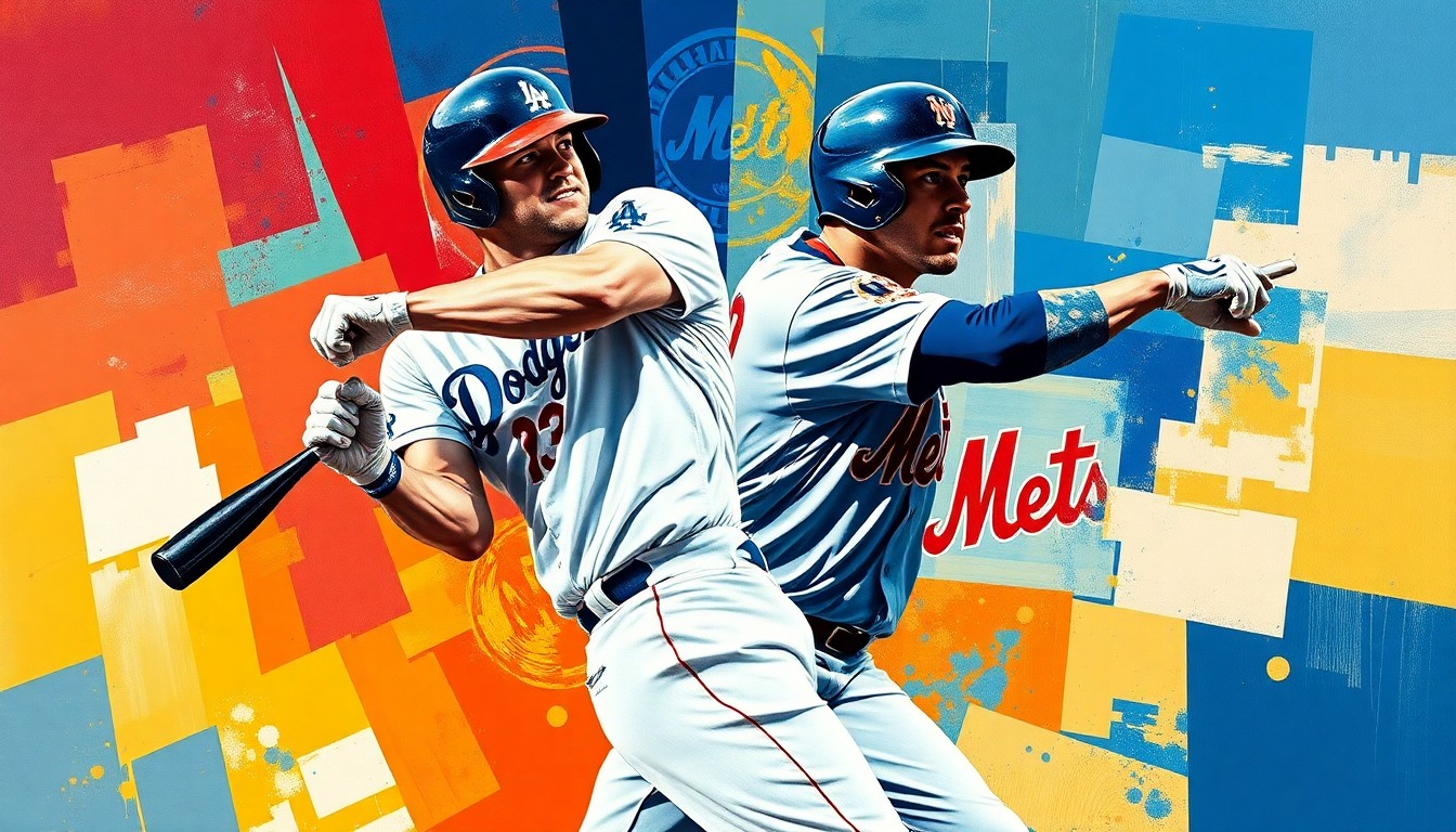 A cubist-style painting depicting a baseball player's batting motion broken down into sharp, overlapping geometric shapes in the colors of the Dodgers and Mets uniforms, conveying the challenges a talented prospect faces in breaking through to the major leagues.